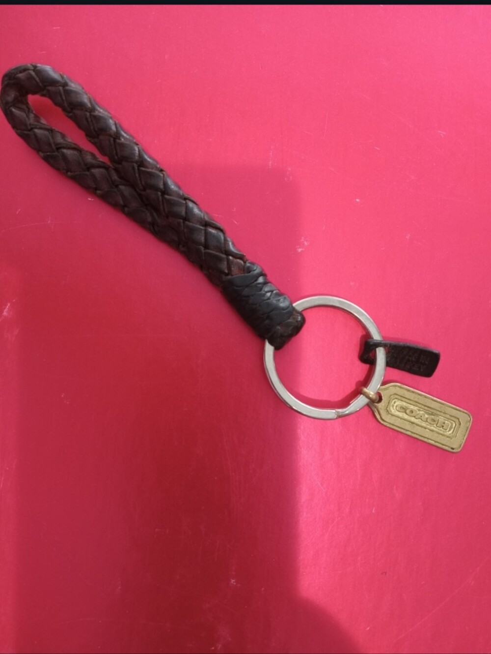 Coach Braided Leather Wrist Keychain - Dark Brown with Gold Tag